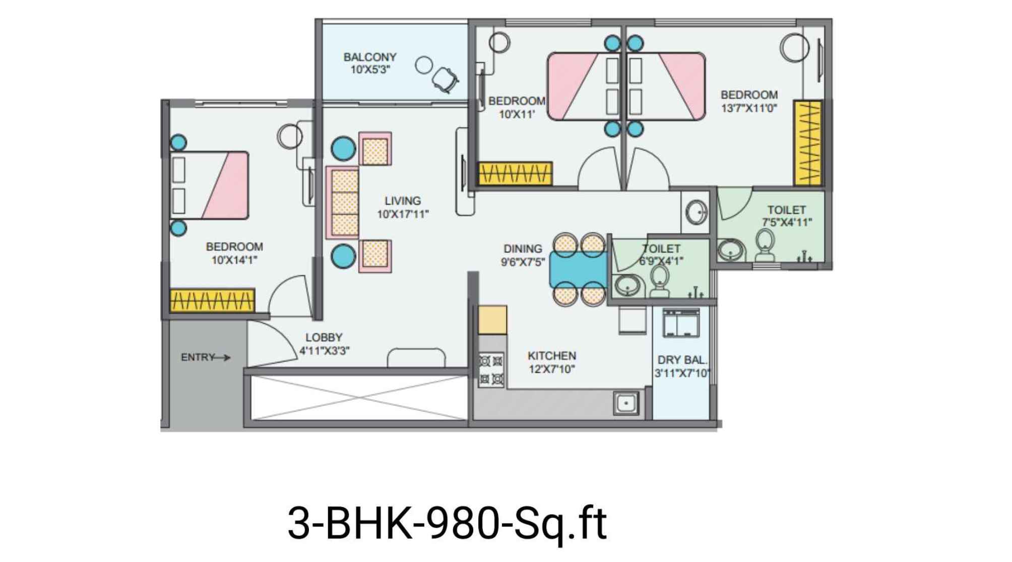 Vishal-Eastern-Front-Floor-Plan-3-BHK-980-Sq.ft